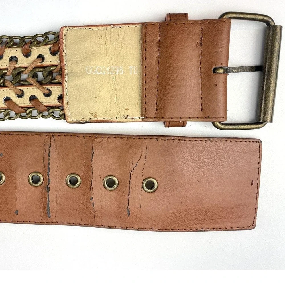 Vintage Boho 90s‎ Womens (32) Wide Brass Chain Leather Lacing Tan Belt Western